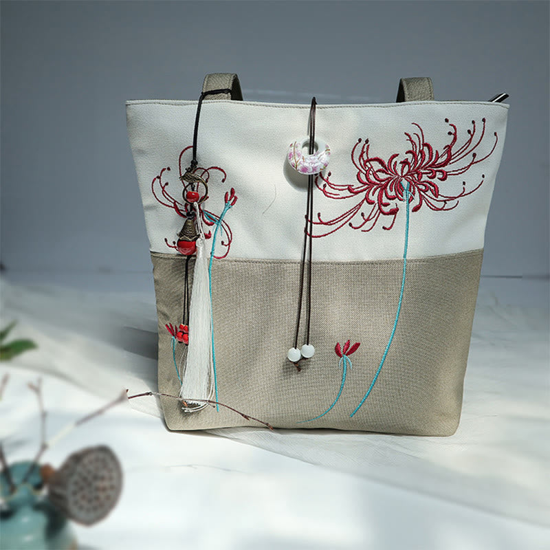 梨花 梅 桃の花 竹刺繍 キャンバス 大容量 ショルダーバッグ トートバッグ