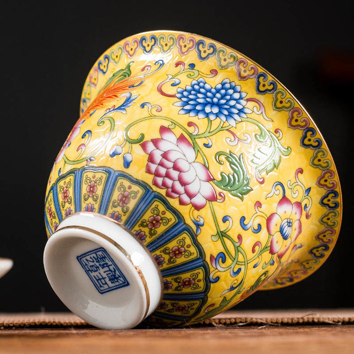 Buddha Stones龍鳳凰花デザイン陶器蓋碗三彩ティーカップカンフーティーカップ＆ソーサー蓋付き
