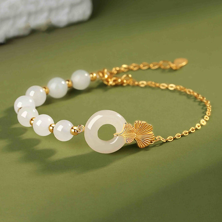 Buddha Stones 925スターリングシルバー 和田白翡翠 平和バックル イチョウの葉 幸運ブレスレット