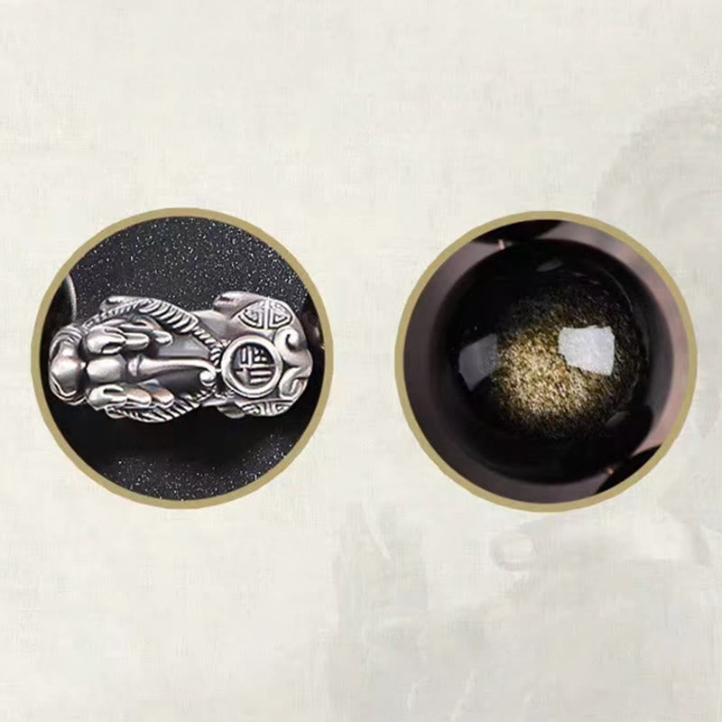 Buddha Stones925スターリングシルバー 天然ゴールド 光沢 黒曜石 貔貅 富の守護ブレスレット