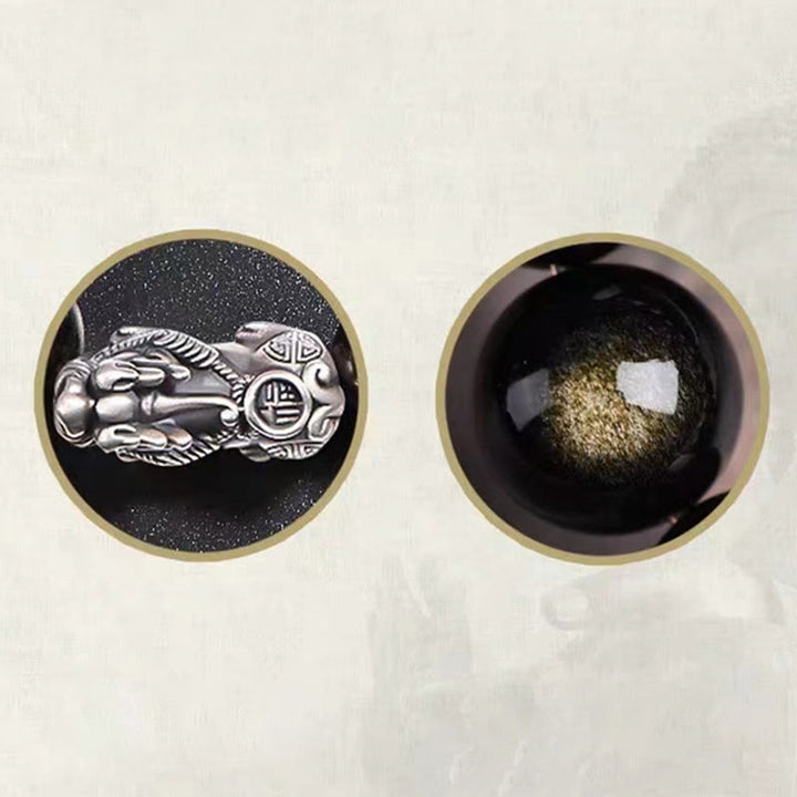 Buddha Stones925スターリングシルバー 天然ゴールド 光沢 黒曜石 貔貅 富の守護ブレスレット