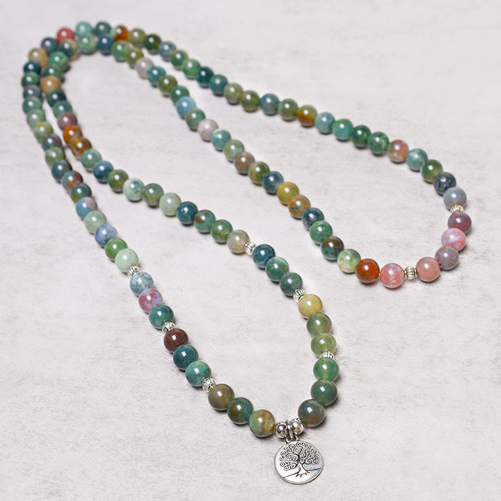 Buddha Stones108 個入りMalaビーズ インド瑪瑙 蓮華 OM 仏陀 生命の樹 ポジティブ カーム ブレスレット