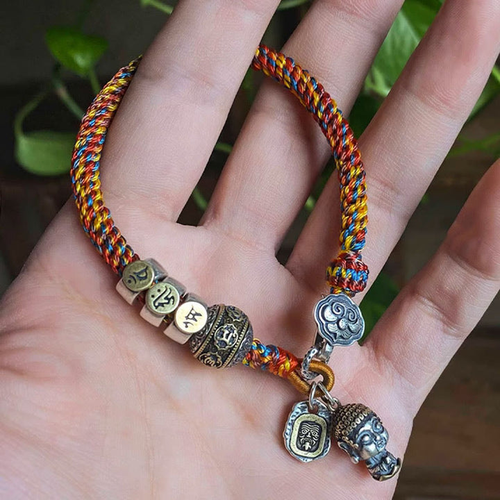 Buddha Stonesハンドメイド チベット 925 スターリングシルバー十二支誕生仏ザキラム 富の守護女神 マルチカラー ロープ編みブレスレット