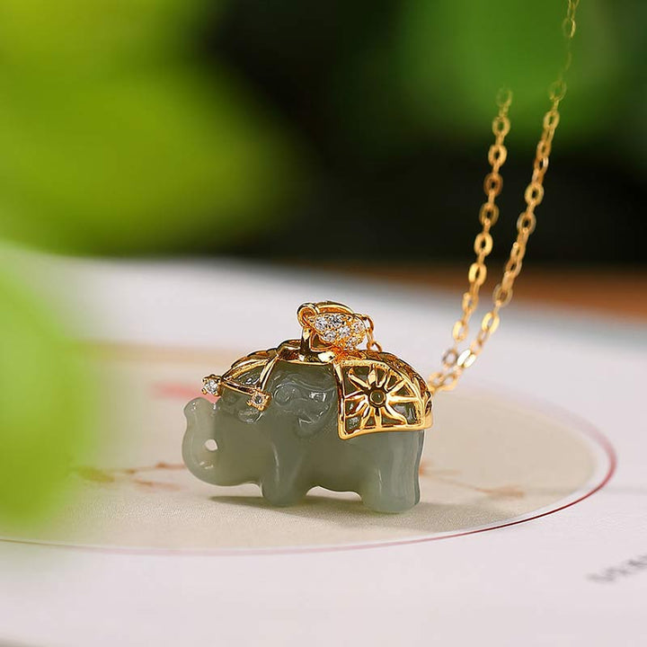 Buddha Stones925スターリングシルバー 翡翠象の幸運の祝福ネックレスチェーンペンダント