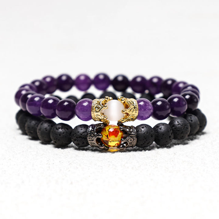 Buddha Stones天然石 キング＆クイーン クラウン ヒーリング エネルギー ビーズ カップル ブレスレット