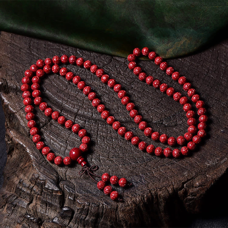 Buddha Stones 108Malaビーズ 辰砂Om Mani Padme Hum模様 刻印入り 祝福ブレスレット