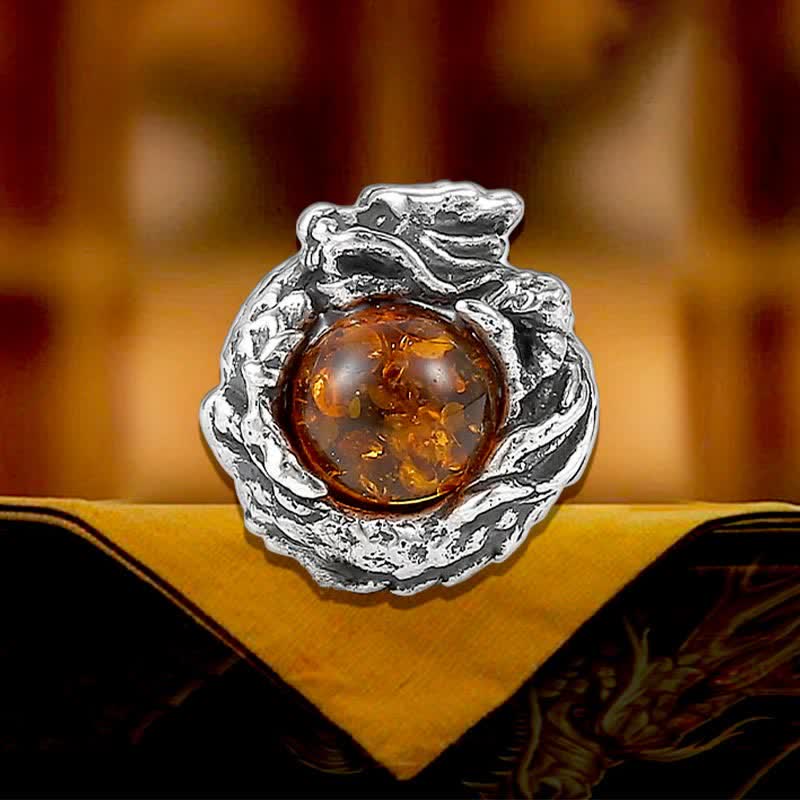 Buddha Stones925スターリングシルバー 天然琥珀 ドラゴン 成功の守護 スタッドピアス