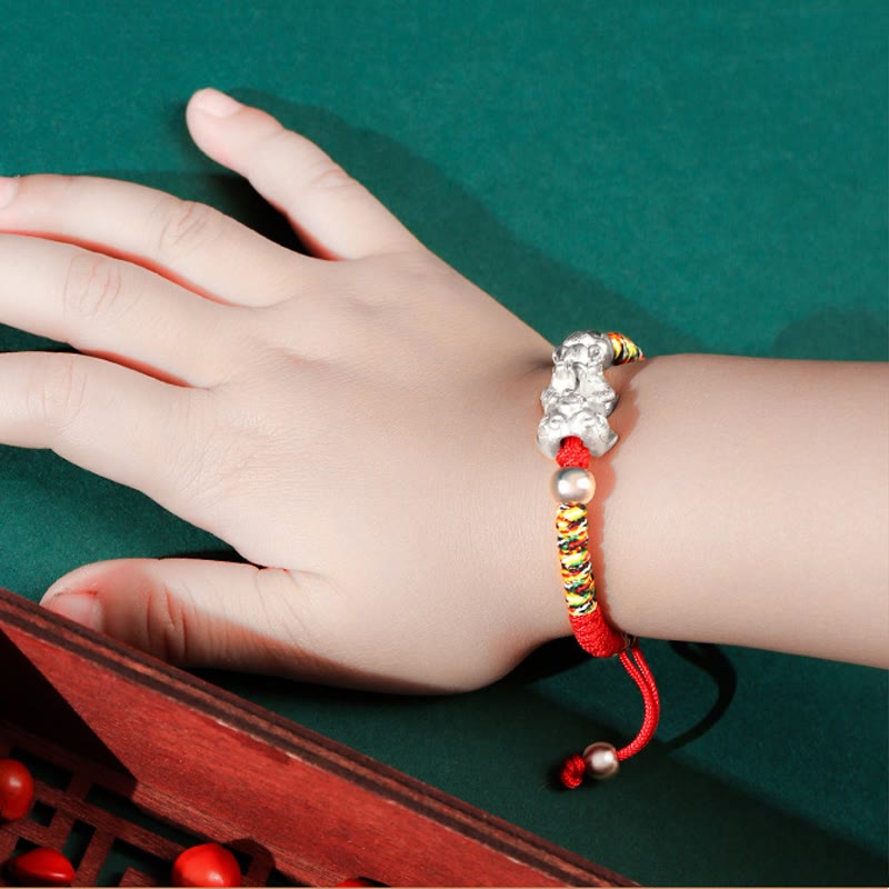 Buddha Stones999 スターリングシルバー 貔貅 富 キングコング ノットストリング 編み込み 子供用ブレスレット
