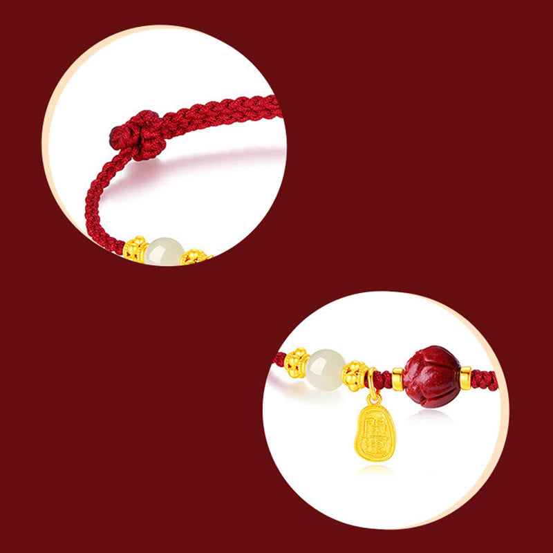 Buddha Stones24K 金メッキ 和田白翡翠 辰砂 蓮華 幸運 ロープ ブレスレット