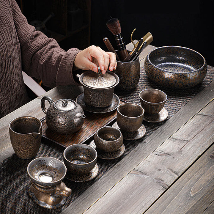 Buddha Stonesレトロ錆釉陶器蓋碗三彩ティーカップカンフーティーカップ＆ソーサー蓋付き
