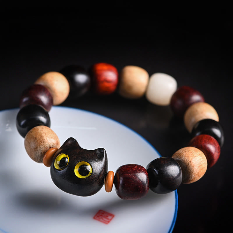 Buddha Stones小葉紫檀黒檀かわいい猫 彫刻守護ブレスレット - 黒檀（バランス♥落ち着き） - image 1