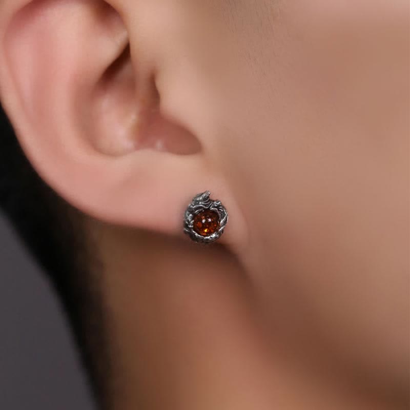 Buddha Stones925スターリングシルバー 天然琥珀 ドラゴン 成功の守護 スタッドピアス