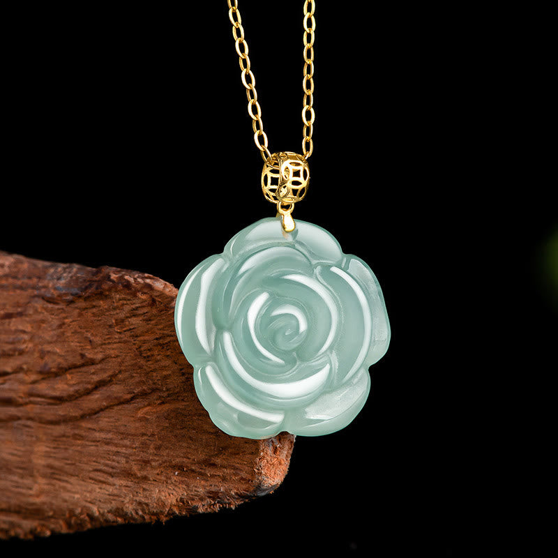 Buddha Stones18Kゴールド 925スターリングシルバー 天然翡翠 ローズ 幸運のネックレスペンダント