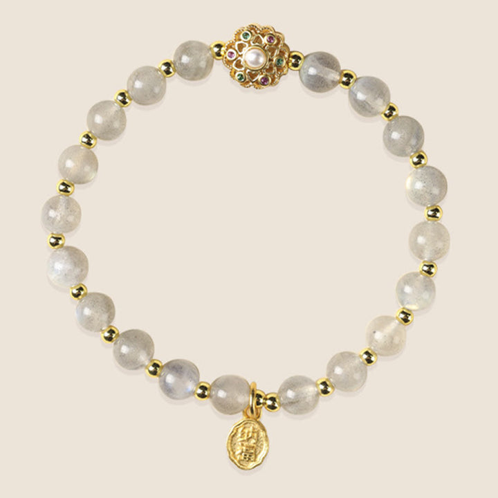 Buddha Stones 14Kゴールドメッキ 天然ストロベリークォーツ ラブラドライト サンストーン 福の字 ポジティブチャームブレスレット