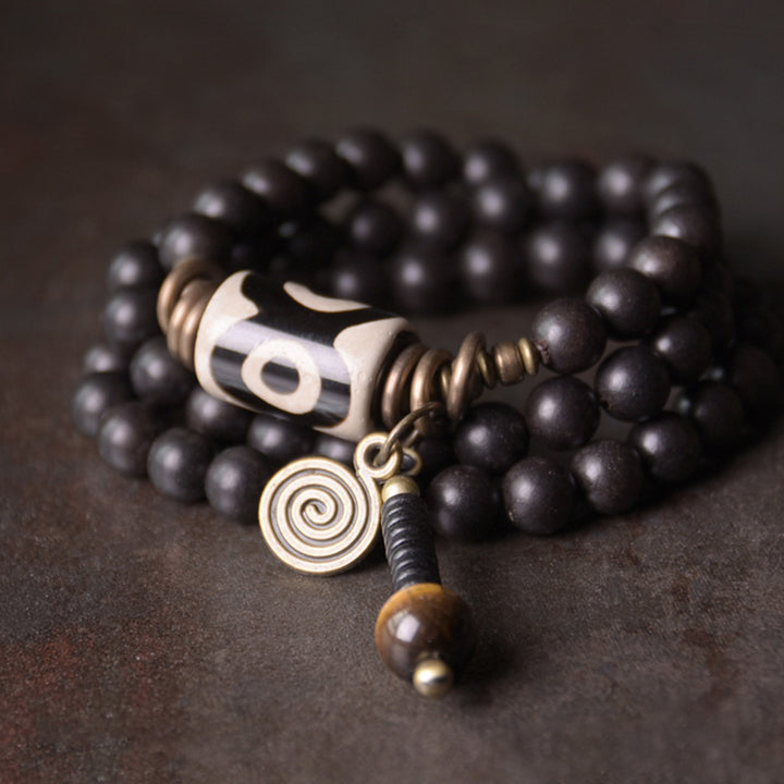 Buddha Stones黒檀 木製 Dzi ビーズ 銅 守護 カップル ブレスレット