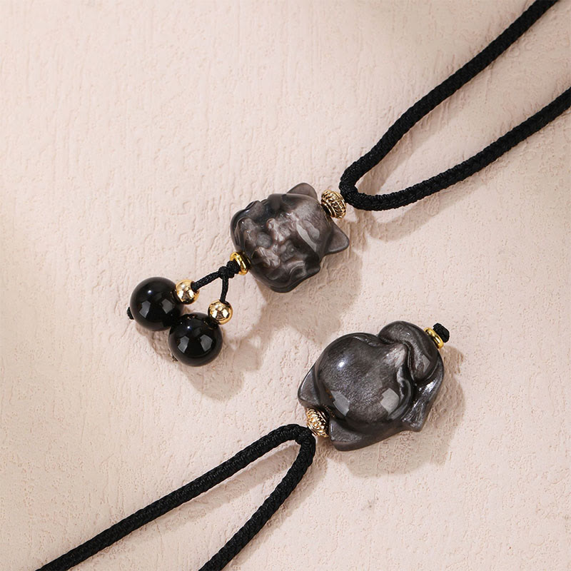 Buddha Stones天然銀光沢黒曜石 九尾狐 守護ネックレスペンダント
