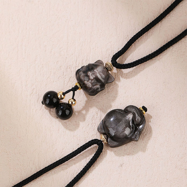 Buddha Stones天然銀光沢黒曜石 九尾狐 守護ネックレスペンダント