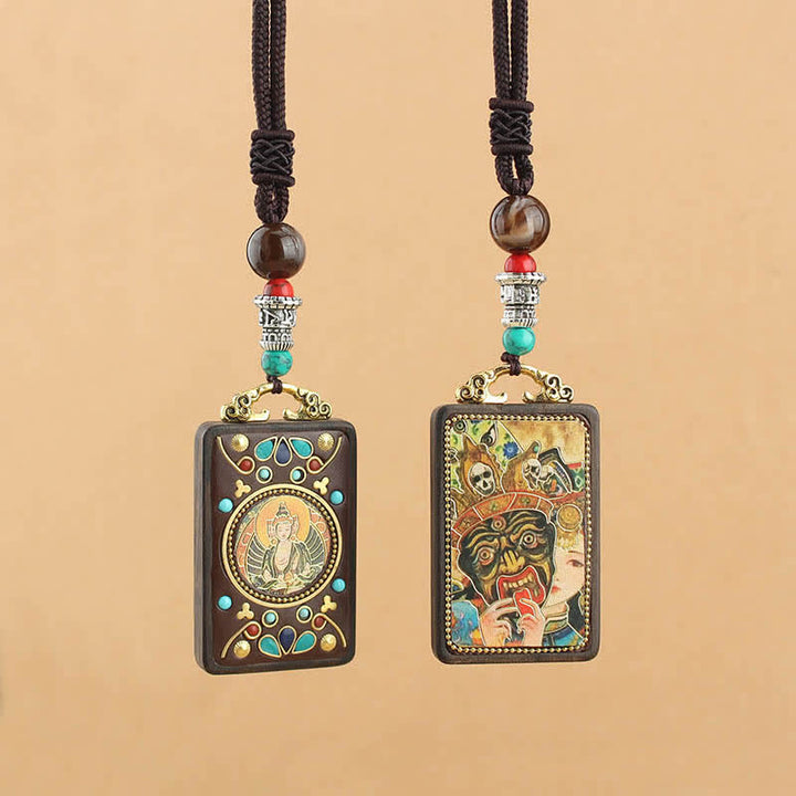 Buddha Stonesチベット 富の神 タンカ 黒檀 平和 ネックレス ペンダント