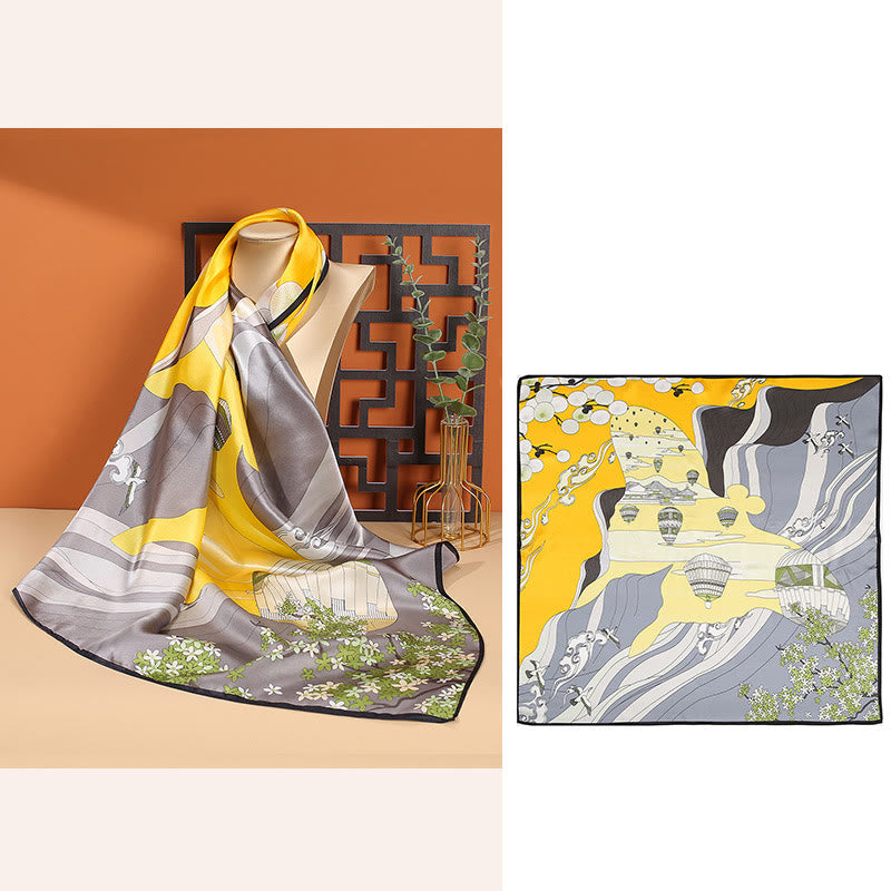 Buddha Stones、田園風景、熱気球、春の花、100% マルベリーシルク ネックスカーフ - 黄色の熱気球 - image 10