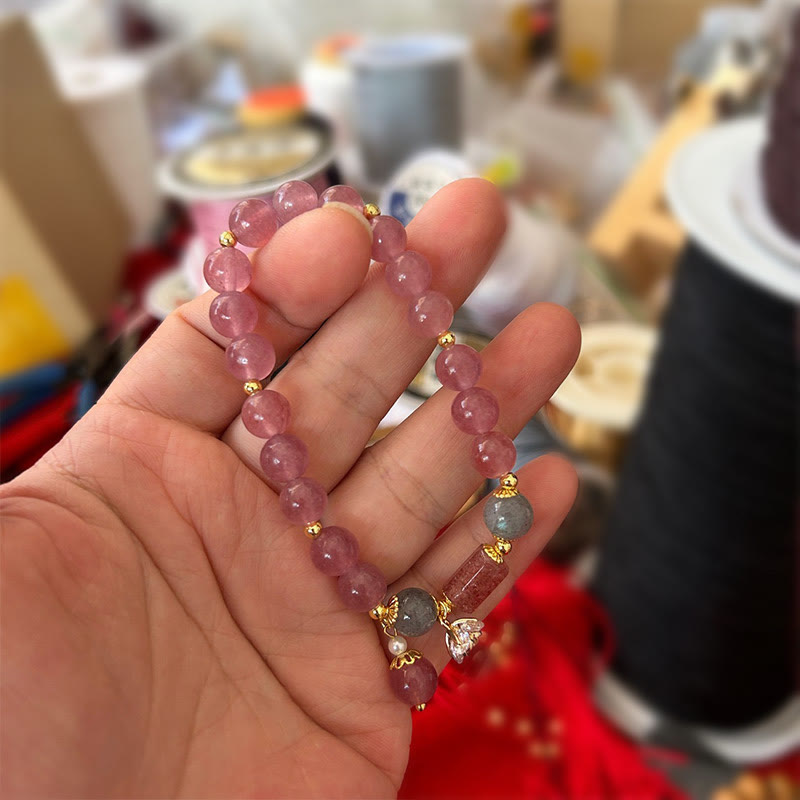 Buddha Stones天然ストロベリークォーツ ジルコンフラワー ポジティブチャームブレスレット