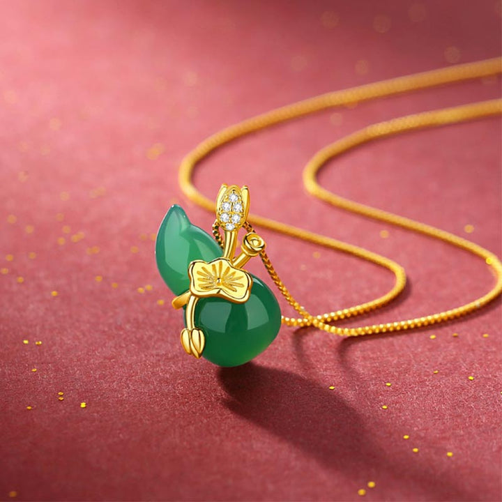 Buddha Stonesシアン翡翠 ひょうたん 蓮の葉 豊穣のペンダントネックレス - シアンジェイド - image 1