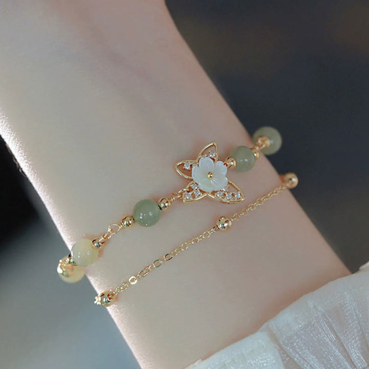 Buddha Stones 14K金メッキ 翡翠＆シャコガイ バタフライモチーフ 2連幸運ブレスレット