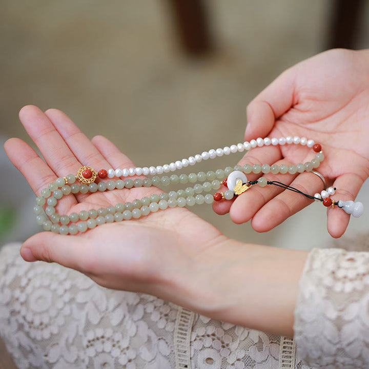 Buddha Stones 925スターリングシルバー ゴールドメッキ 天然和田翡翠パール 蝶ひょうたん 幸運ブレスレット