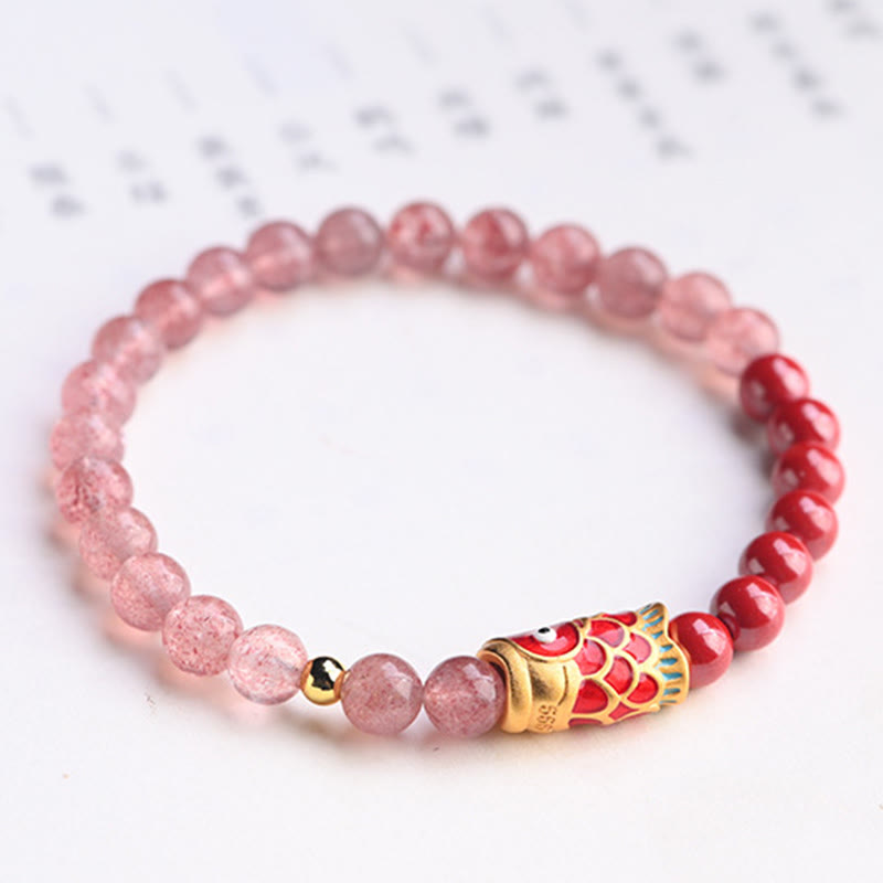 Buddha Stones天然ストロベリークォーツ 辰砂 幸運の鯉 ヒーリングブレスレット