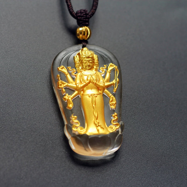 Buddha Stonesチベット 八臂観音 仏像 金メッキ 琉璃水晶 富のネックレスペンダント