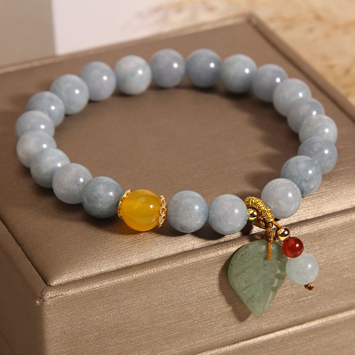Buddha Stonesアクアマリン 翡翠の葉 ヒーリングチャームブレスレット