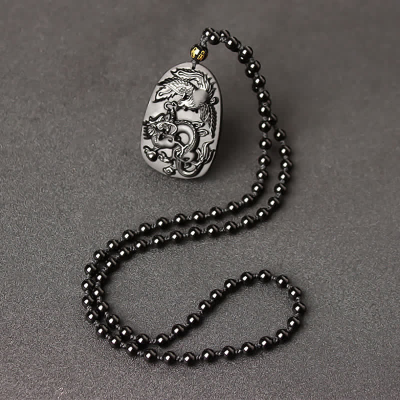Buddha Stonesブラックオブシディアン タイガーアイ ドラゴン フェニックス 守護ビーズネックレスペンダント - 黒曜石ビーズチェーン - image 10