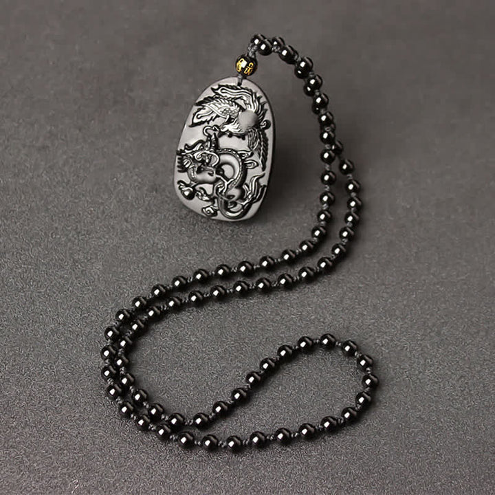 Buddha Stonesブラックオブシディアン タイガーアイ ドラゴン フェニックス 守護ビーズネックレスペンダント - 黒曜石ビーズチェーン - image 10