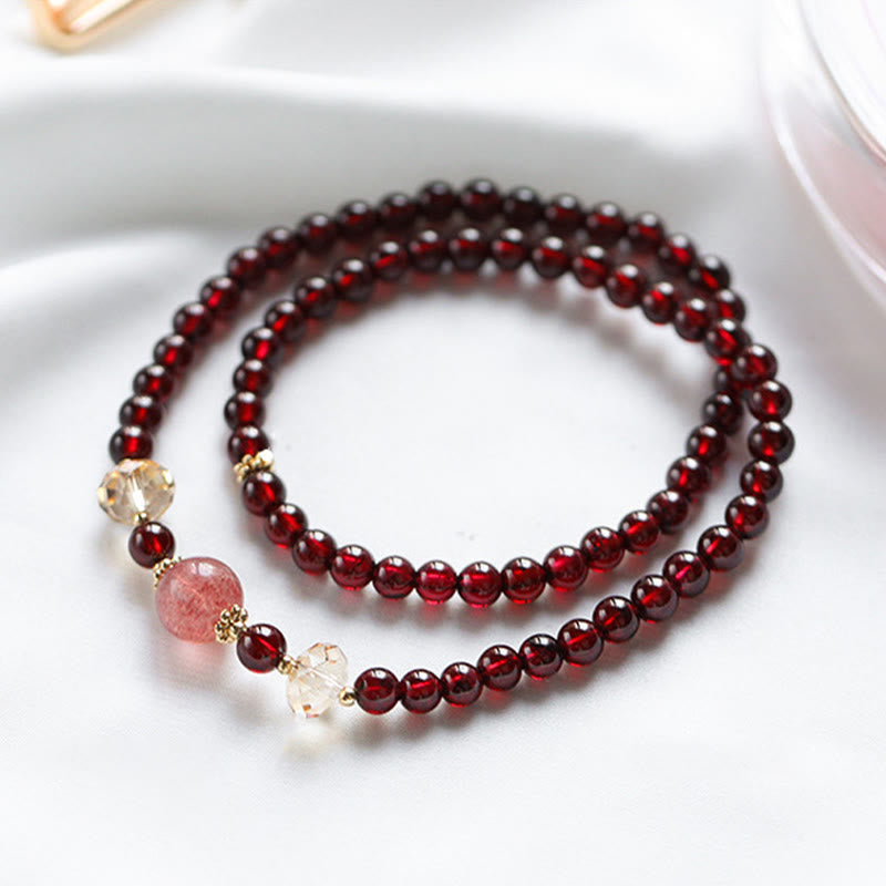 Buddha Stones 14Kゴールドメッキ 天然ガーネット ストロベリークォーツ スタビリティ ダブルラップブレスレット