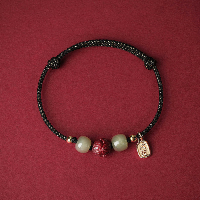Buddha Stones14K ゴールドメッキ 和田翡翠 辰砂 蓮華 幸運 手作り ロープブレスレット - ブラックロープ（手首周り13～18cm） - image 6