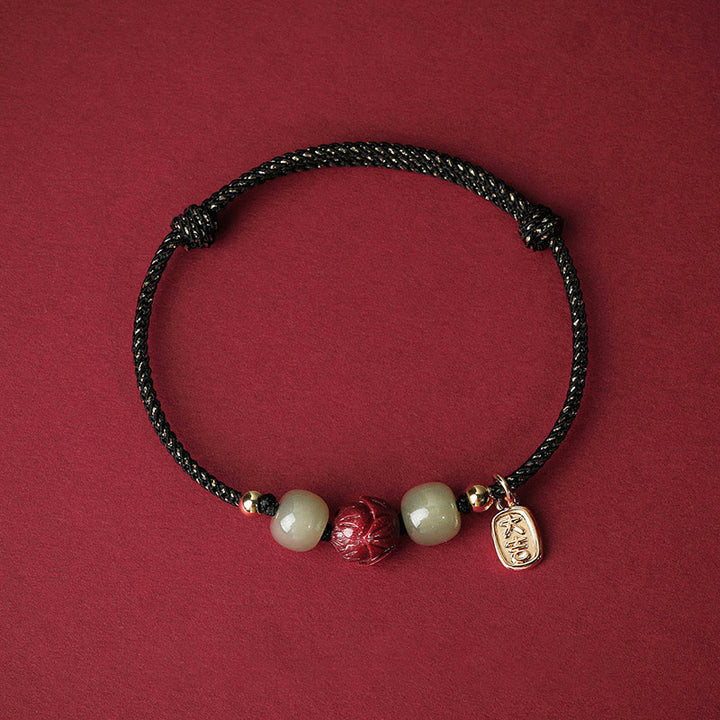Buddha Stones14K ゴールドメッキ 和田翡翠 辰砂 蓮華 幸運 手作り ロープブレスレット - ブラックロープ（手首周り13～18cm） - image 6