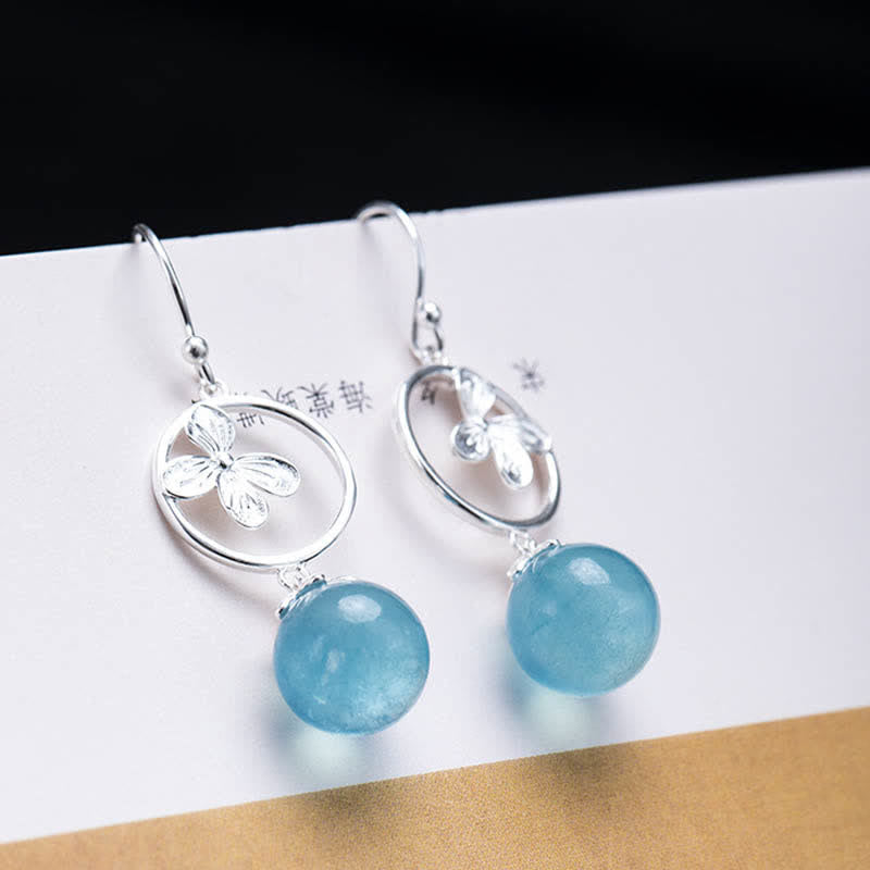 Buddha Stones 925スターリングシルバー 天然アクアマリン リーフフラワー ピース イヤリング ネックレス