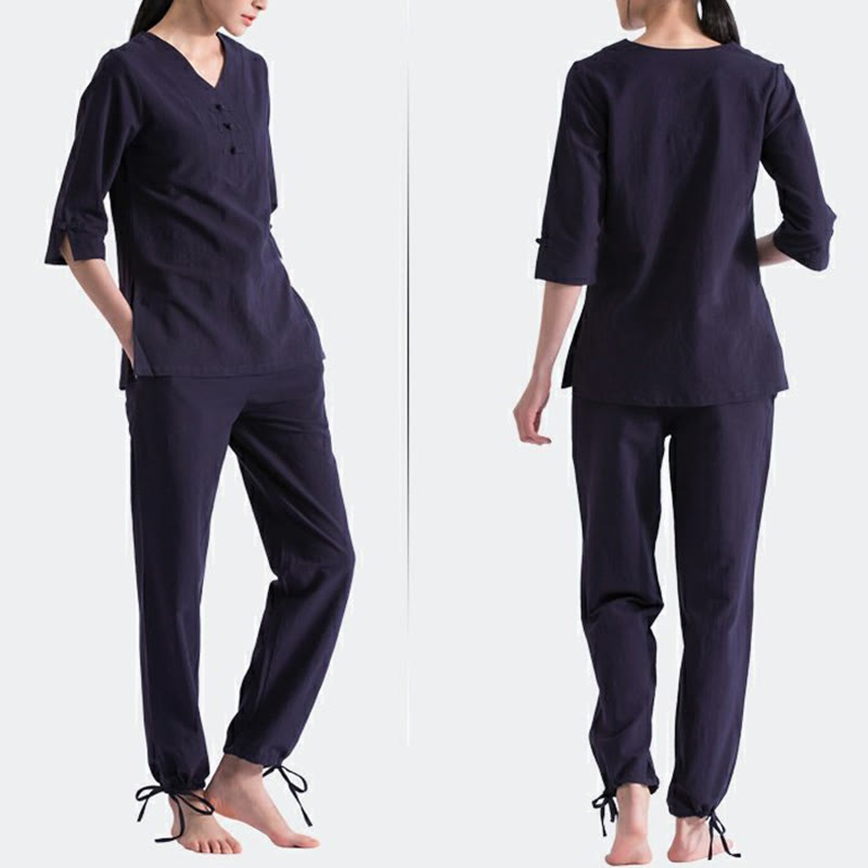 Buddha Stonesヨガ瞑想祈りVネックデザインコットンリネン服ユニフォーム禅練習レディースセット - image 4