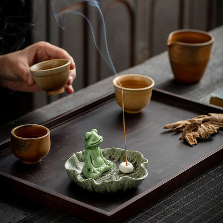 Buddha Stones葉 瞑想 カエル柄 癒し 陶器 香炉 装飾