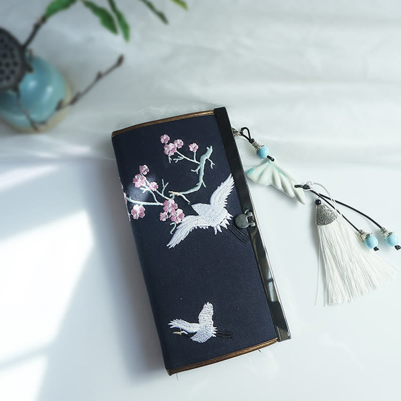 Buddha Stonesの花、梅、桃の花、竹の両面刺繍、大容量のキャッシュホルダーウォレット、ショッピングバッグ - ネイビーブルーのチェリークレーン - image 25