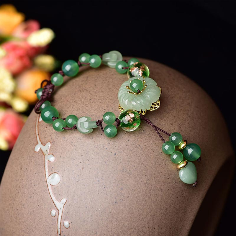 Buddha Stones天然グリーン翡翠幸運ぶら下がり花ブレスレット