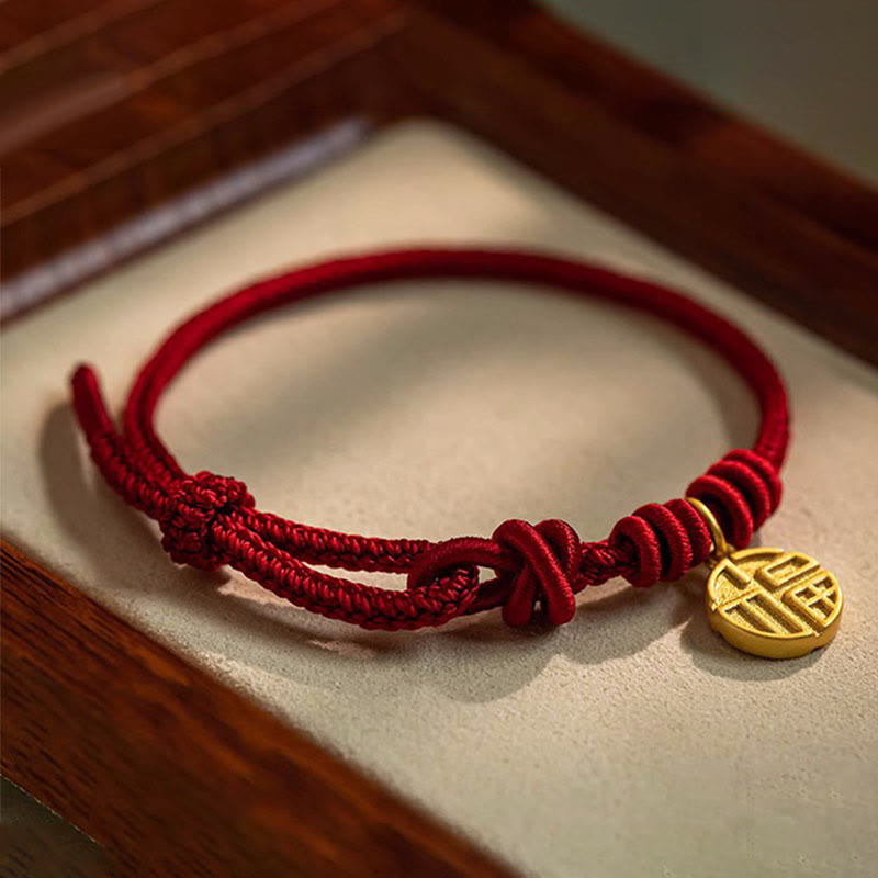 Buddha Stonesハンドメイド 8本糸 平和結び 福文字 チャーム 幸運 幸福 赤いロープ ブレスレット
