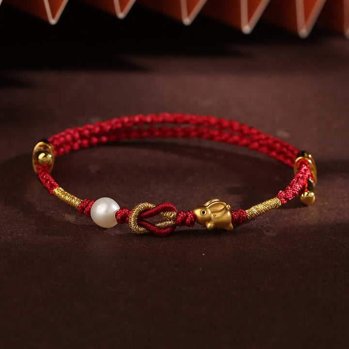 Buddha Stones24K ゴールド ウィッシュ 如意 ハンドル 福 キャラクター ウサギ パール 幸運 編み込み ブレスレット
