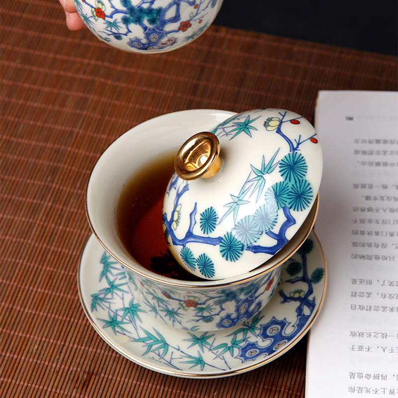 Buddha Stonesレトロ梅花松竹鳳凰麒麟陶器蓋碗三彩ティーカップカンフーティーカップ＆ソーサー蓋付き