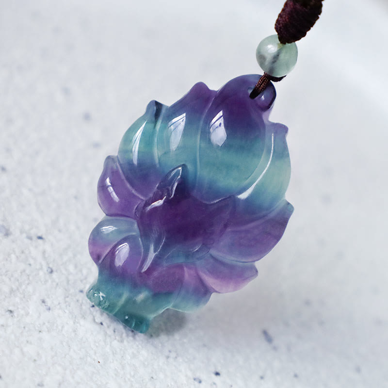 Buddha Stones天然蛍石ゴールド光沢黒曜石フォックスペンダント保護ネックレス