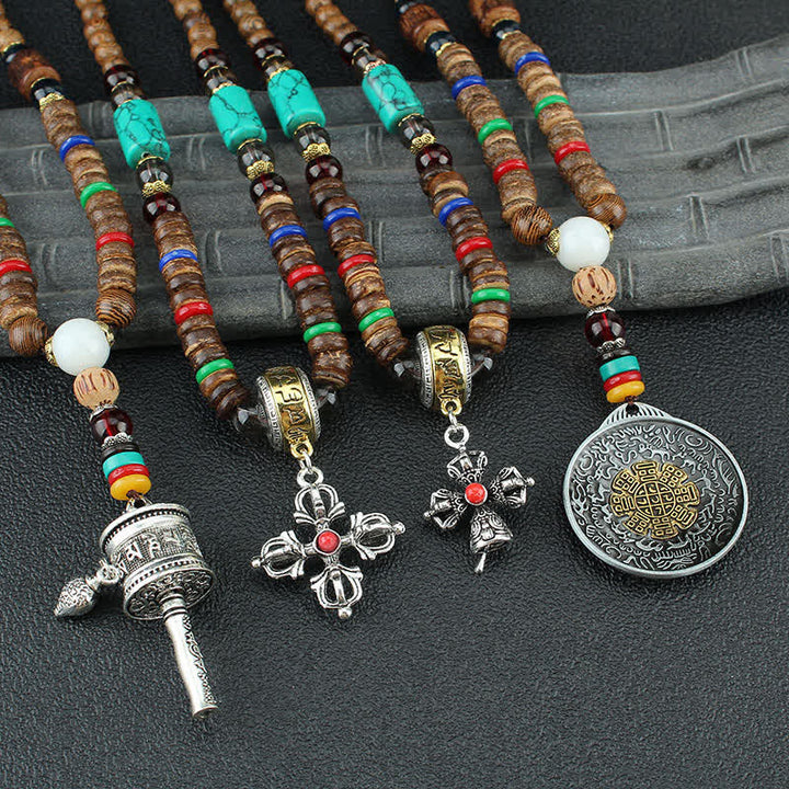 Buddha Stonesチベットオーム・マニ・パドメ・フム祈祷ホイール回転 金剛杵 木製ネックレス ペンダント - image 15