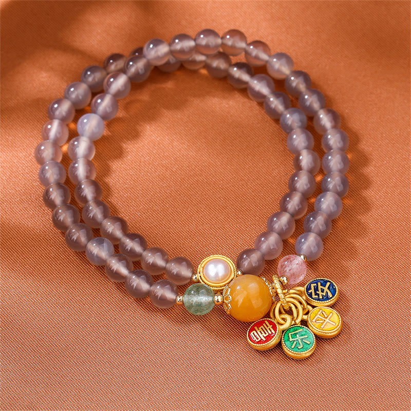 Buddha Stones天然グレーアゲート 平和と喜びのチャームバランス ダブルラップブレスレット