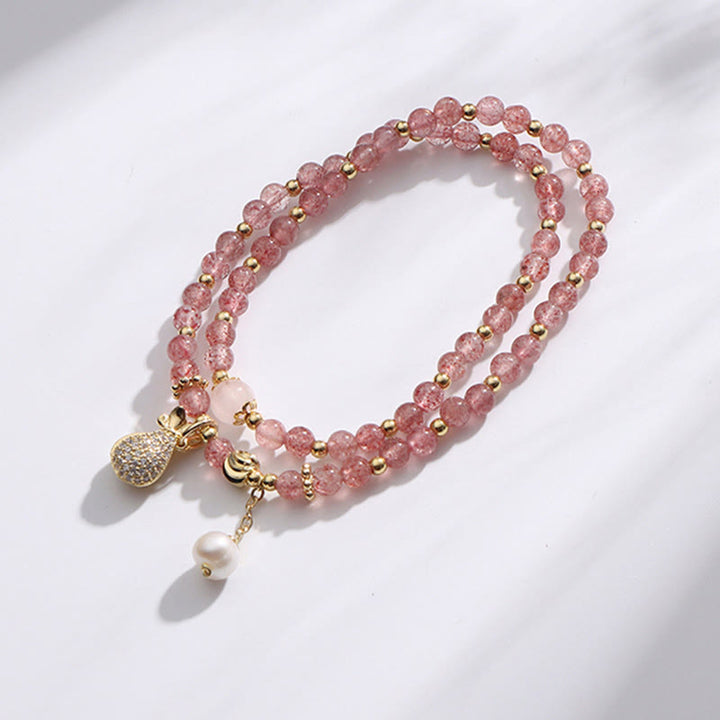 Buddha Stonesストロベリークォーツ マネーバッグ ポジティブチャーム ダブルラップブレスレット