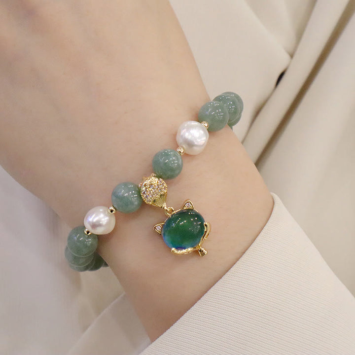 Buddha Stones翡翠パールの色が変わるキツネのお守り幸運ブレスレット