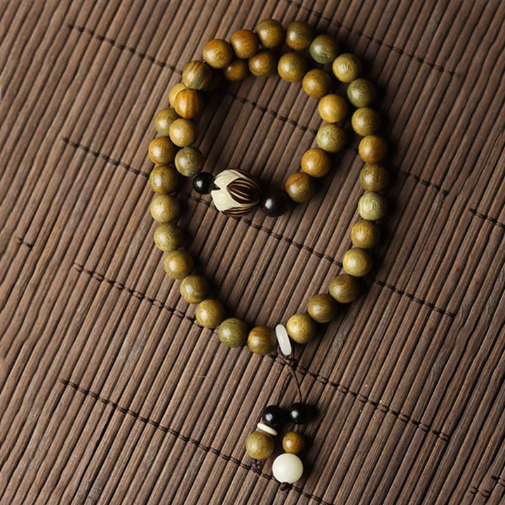 Buddha Stonesグリーンサンダルウッド 菩提樹の種子 蓮 癒しのダブルラップブレスレット