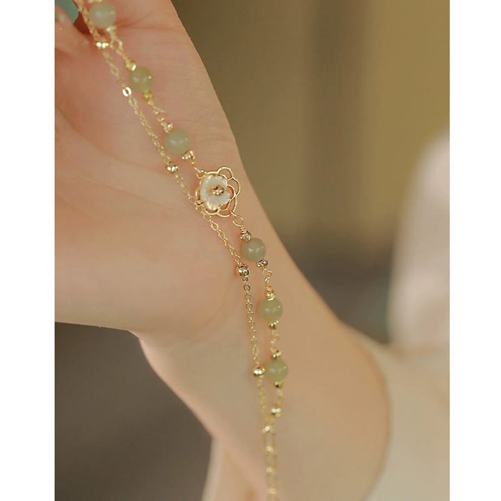 Buddha Stones 14K金メッキ 翡翠＆シャコガイ バタフライモチーフ 2連幸運ブレスレット
